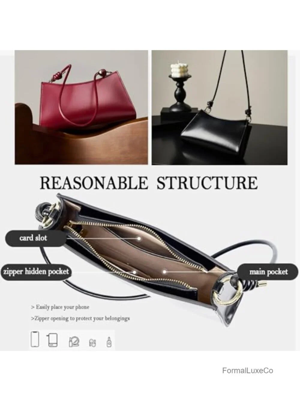 Genuine Leather Hobo Handbag Shoulder Bag Underarm Bag Evening Bag
